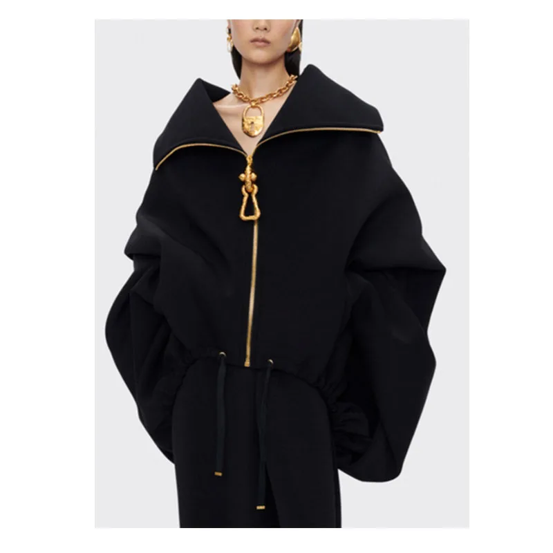 

Solid Loose Spliced Zipper Fashion Jackets for Women Lapel Long Sleeves Patchwork Lace Up Casual Jacket Female New