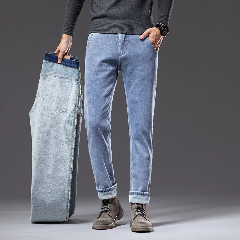 Brand Business Casual Men's Fitted Straight Stretch Mid-high Waist Denim Jeans Winter Fleece Thick Warm Jeans Classic
