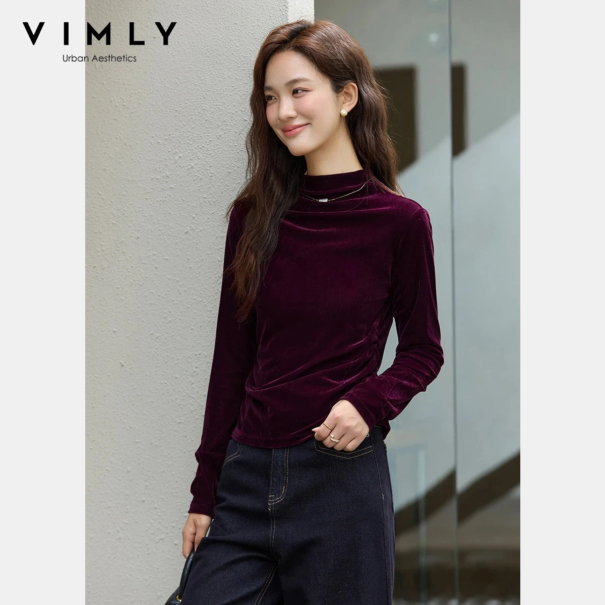 VIMLY Damen-T-Shirt aus rotem Samt, lässig, gestrickt, Slim-Fit-Tops, Winter 2025, Vintage-Stil, Stehkragen, Falten, Langarm, Damen-T-Shirts, A3305