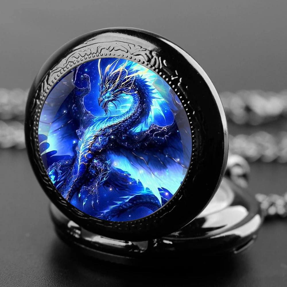 Vintage riesiger blauer Drache Design Quarz-Taschenuhren für Damen und Herren, einzigartige Anhängeruhr, Halskette, Kinderschmuck, Geschenke