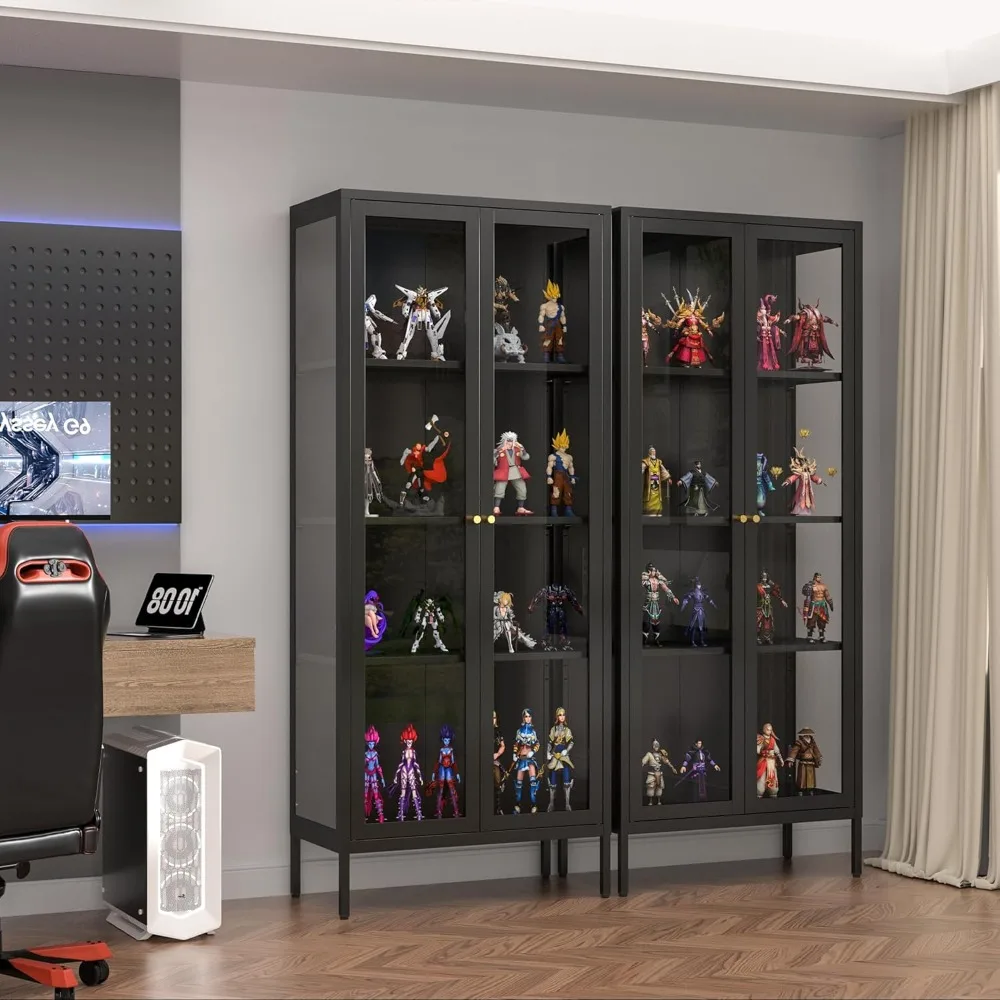 Wysoka szafka ekspozycyjna o wysokości 168 cm z 3-stronnym szkłem hartowanym, czarna gablota na kolekcje i figurki.