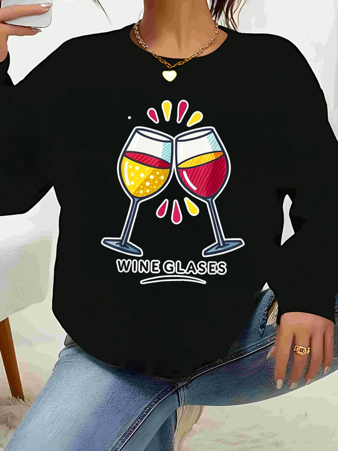 Wine Glasses Print Long Sleeve Top Halloween Party Casual Wear Women