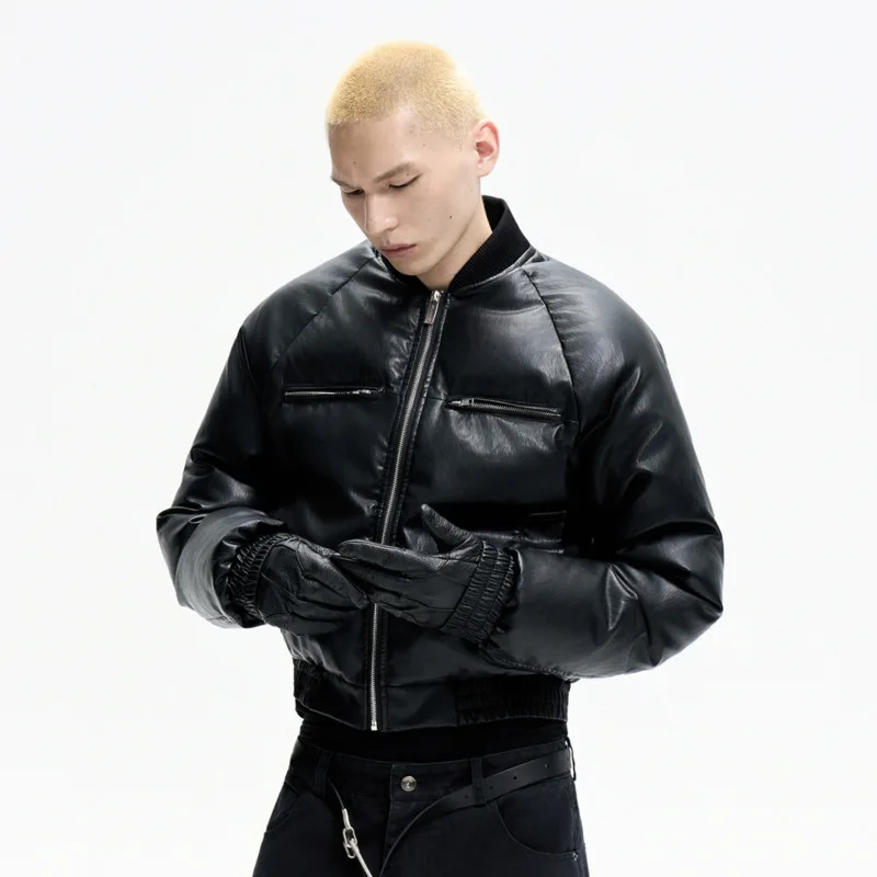 HKSH Autumn Winter New Men Tide Dark Punk Oversized Leather Thickened Warm Cotton Jacket Short Baseball Collar Chic Coat HK17137