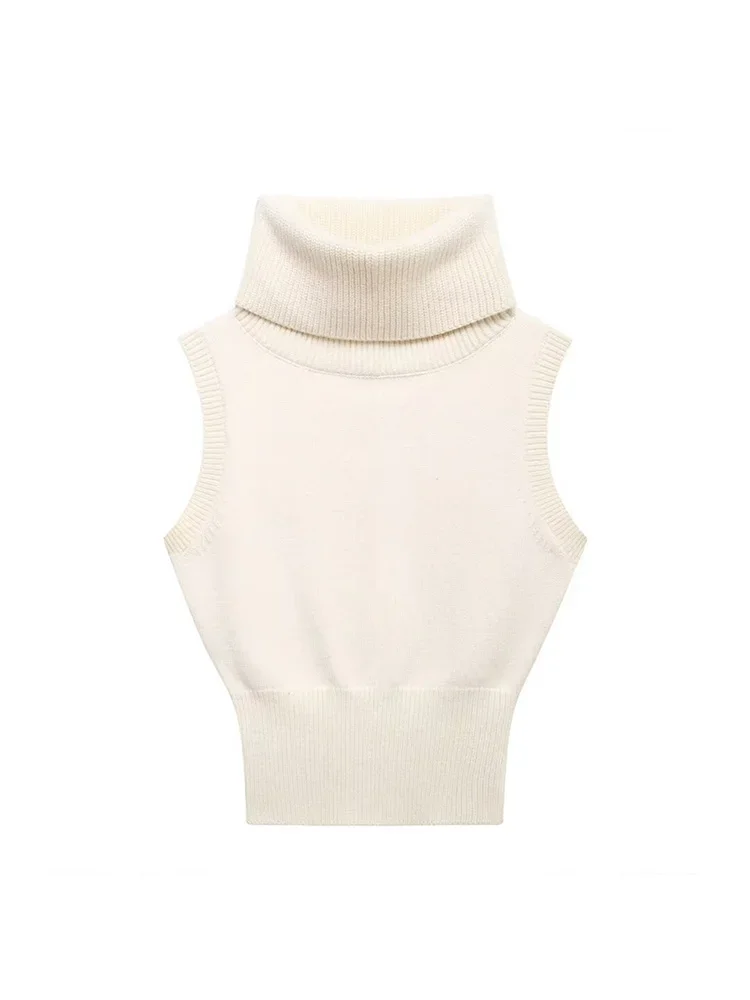 Willshela Women Fashion Solid Elastic Waist Knitted Pullover Vest Vintage High Neck Sleeveless Female Chic Lady Tank Tops