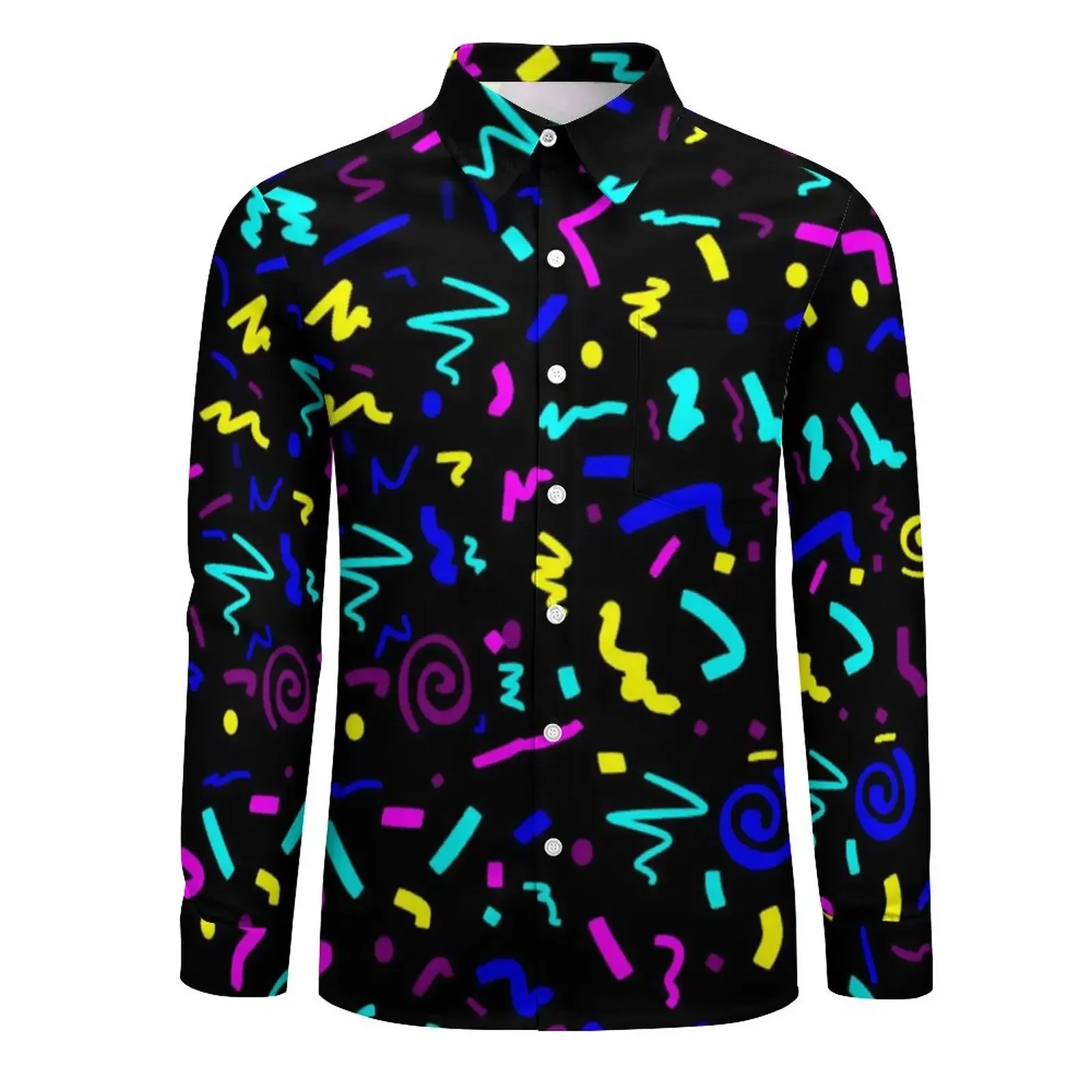 Vintage 80S Inspired Y2K Casual Shirt Man Colorful Geometric Print Shirt Fashion Blouses Long Sleeve Graphic Oversized Clothes