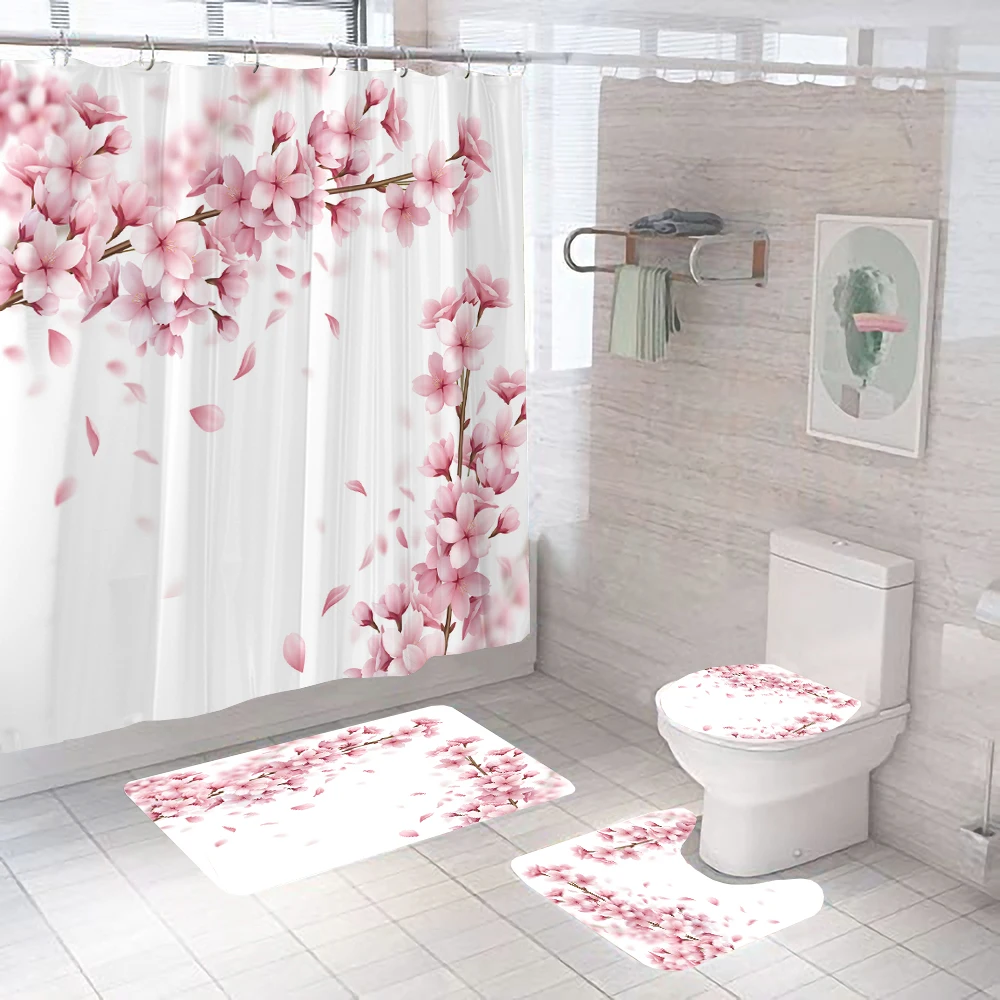 Romantic Cherry Blossom Shower Curtains Bathroom Curtain Set Pink Sakura Plum Flowers Bath Curtains Toilet Mat Rug for Bathtub