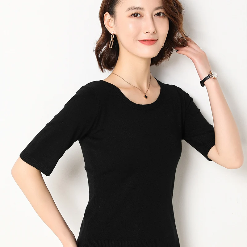 Spring summer new Short sleeve Cashmere sweater women\'s loose O-Neck knit bottoming shirt female pullover tops