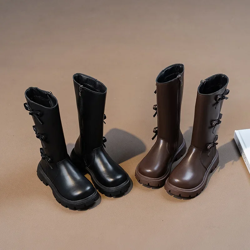 Baby Girls Knee-length Boots for Fall Winter Student Uniform Catwalk Party High Top Dress Shoes Girl Flowers Cotton Shoes