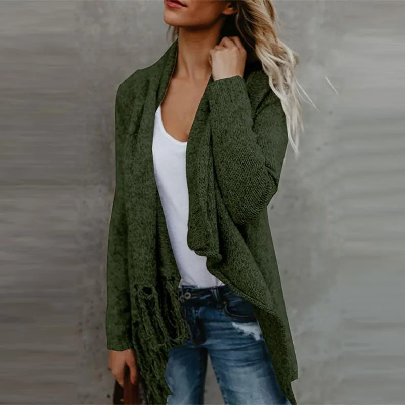 Cardigan Sweater Autumn Women Long Sleeve Oversize Sweater Loose Hem Tassel Cardigan Sweater CoatLoose