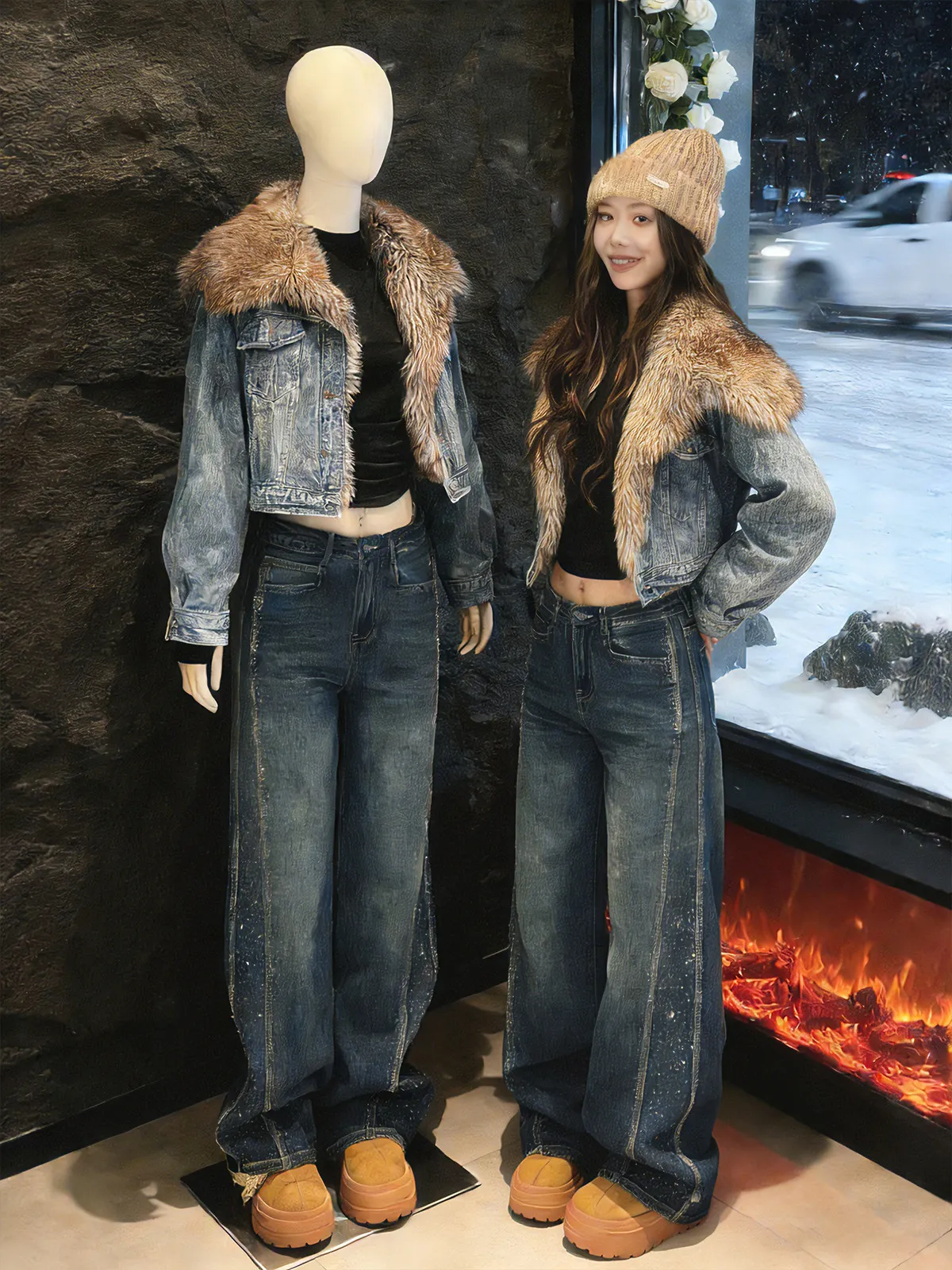 Modieuze Thiened denim jeans met rechte pijpen, dames winterbroek met hoge taille, draperende wijde pijpen, casual broek met hoge taille