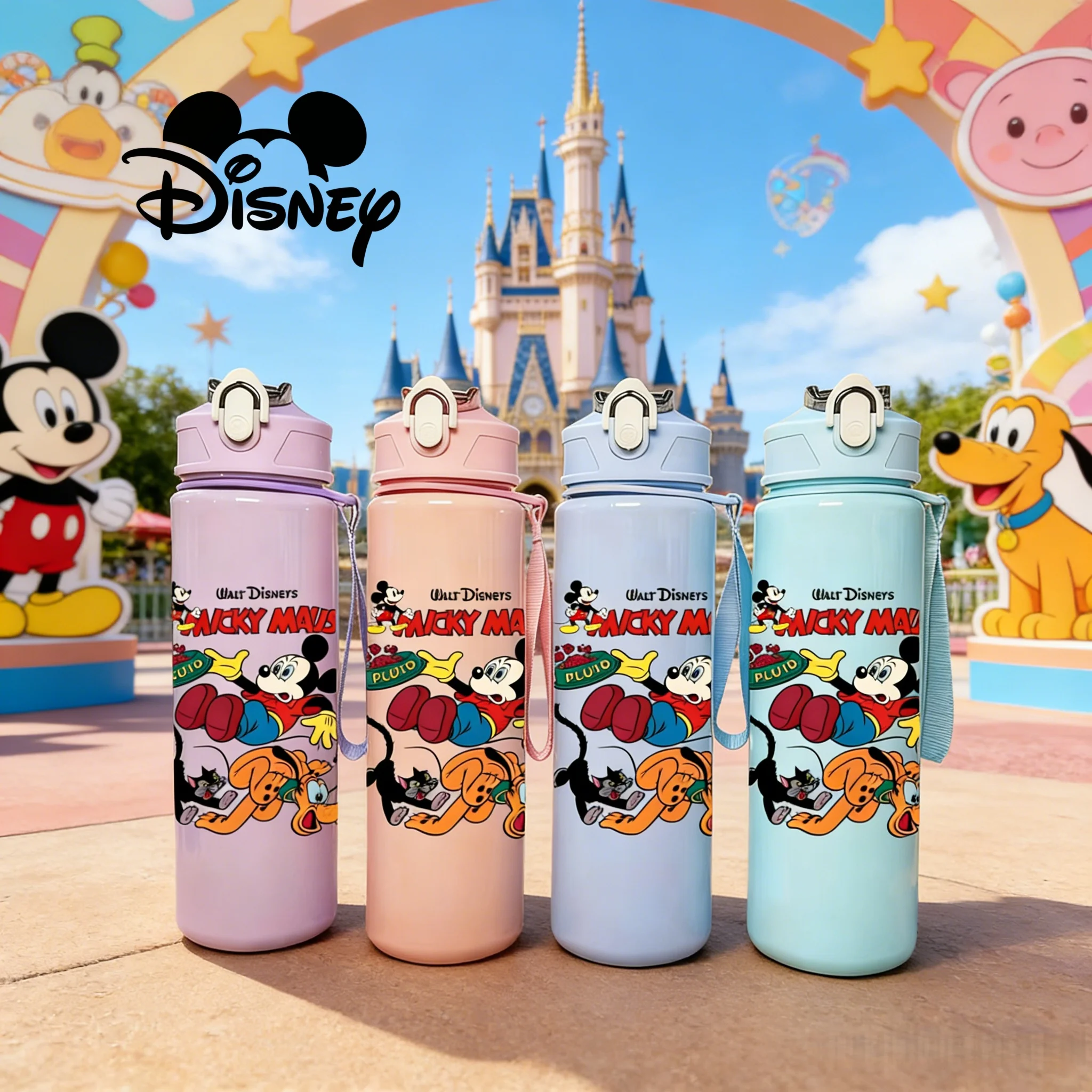 

3D-печатная бутылка для воды с мультяшным Микки Маусом, новая крышка с кнопкой, популярный милый дизайн, многоразовая, легкая дорожная бутылка