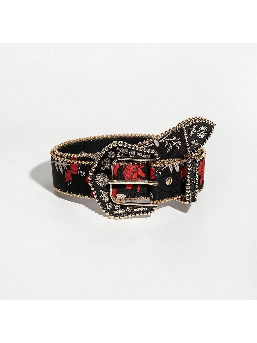 1pc Vintage Western Style Women's Black Floral Carving Metal Belt With Random Color Embroidered And Pressed Flower Features,
