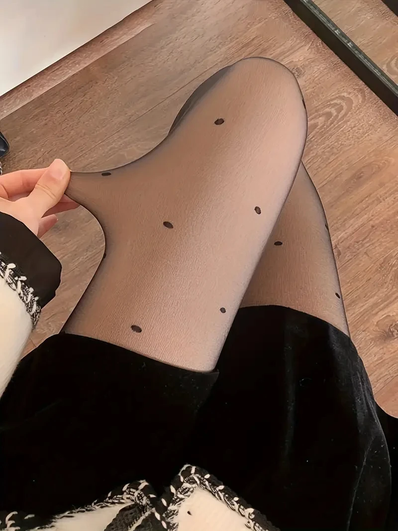 1 paio di collant caldi da donna stampati a pois eleganti e trasparenti, leggings elasticizzati morbidi e confortevoli per l'autunno, ciao
