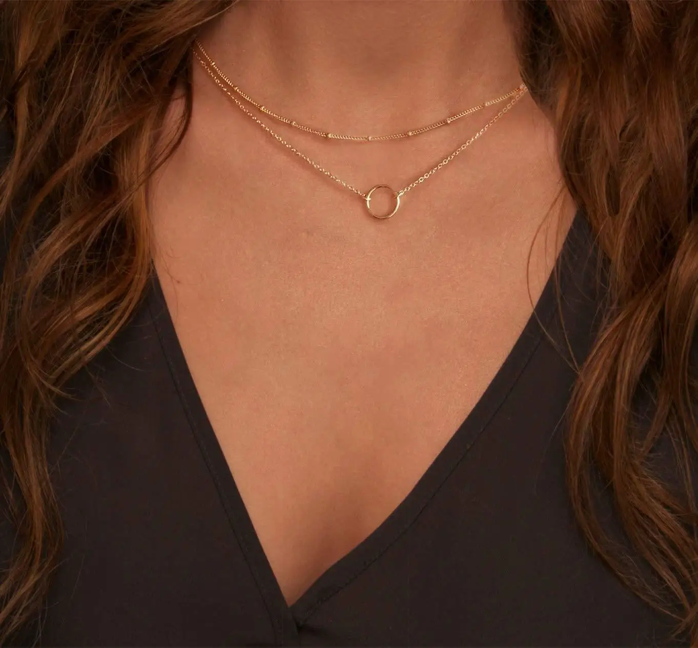 Collar de acero inoxidable para mujer, collar doble, collar con colgante redondo bohemio Vintage, joyería