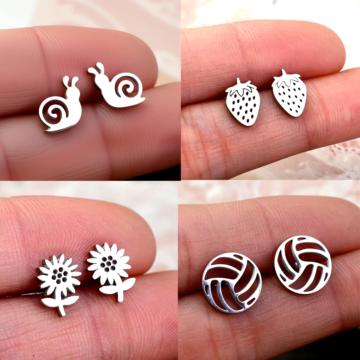 2PC Cute Cat Rabbit Stainless Steel Stud Earrings for Mens Womens Punk Students Gifts Trend Spider Flower Small Ear Studs Jewels