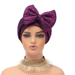 Big Bowknot Turban Caps for Women Solid Color Shining African Head Wraps Muslim Headscarf Bonnet Lady Hair Accessories Cap