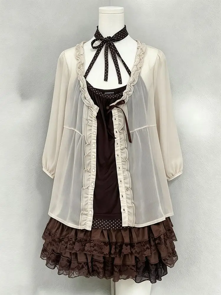 Vintage Hapanese Style Sets Women Polka Dot Neck Strap Lace Cake Dress Button Up Cardigan Sweet Three-piece Set Summer 2026 New view 4