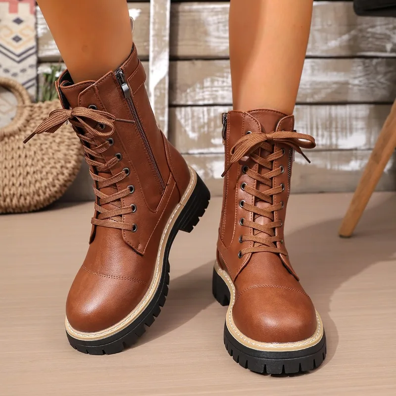 Fall Winter Daily Fashion Essential Women Mid Calf Lace Up Boots Side Zipper Platform Sole Street Style Pair