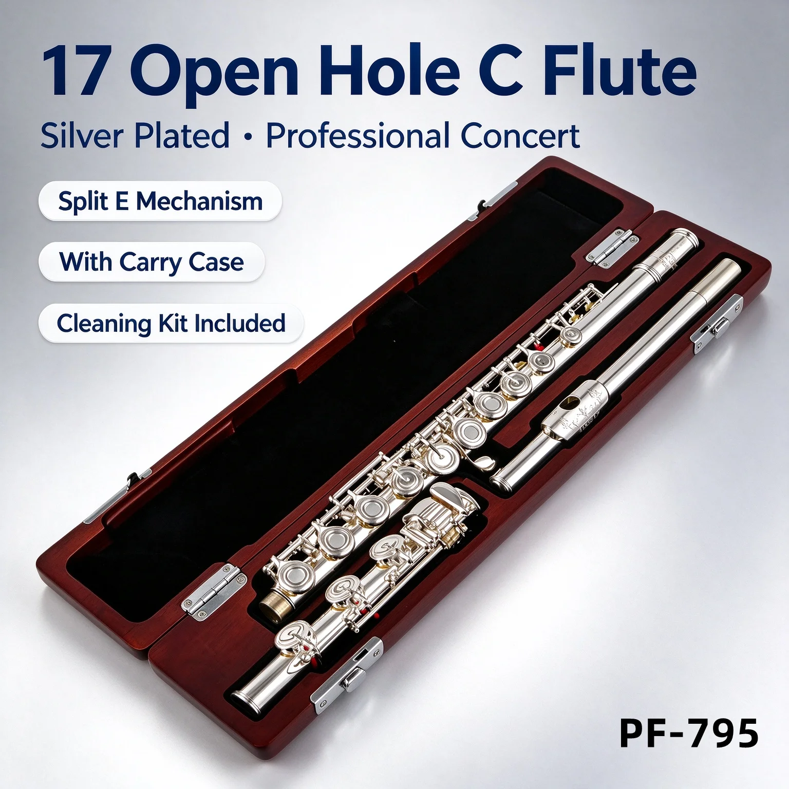17 Open Hole C Key Flute Silver Plated Cupronickel Body Woodwind Instrument Professional Concert Flauta With Case Cleaning Kit