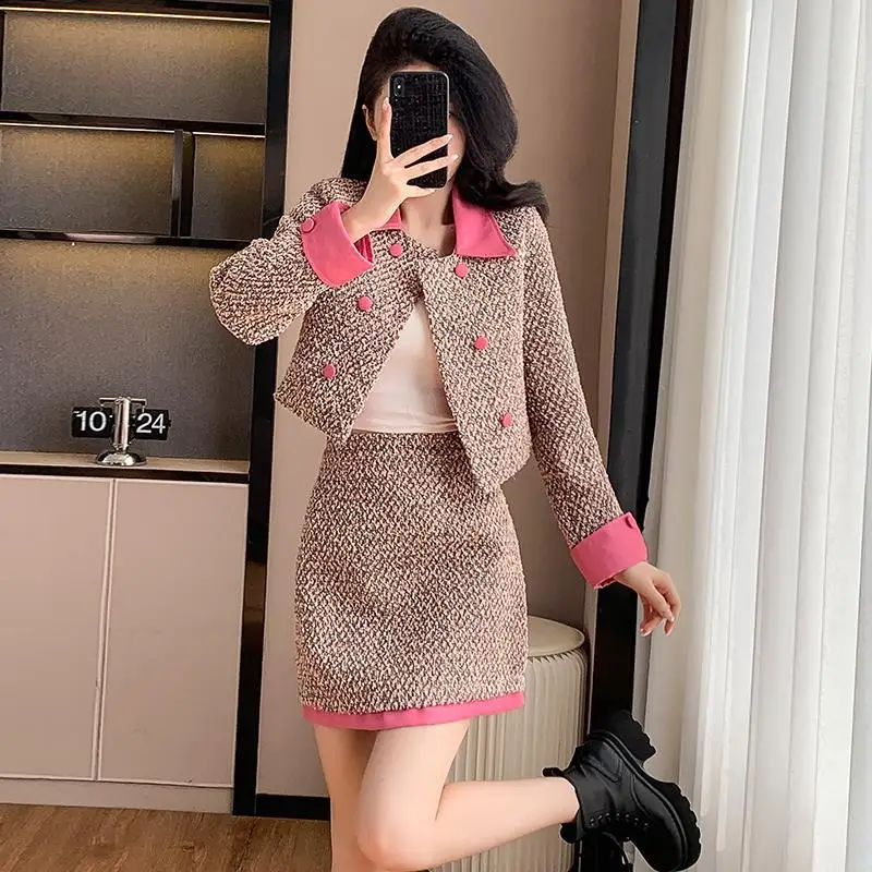 Pink women's coarse tweed 2-pcs set lapel contrasting coat+skirt 2024 new autumn/winter small fragrance style set