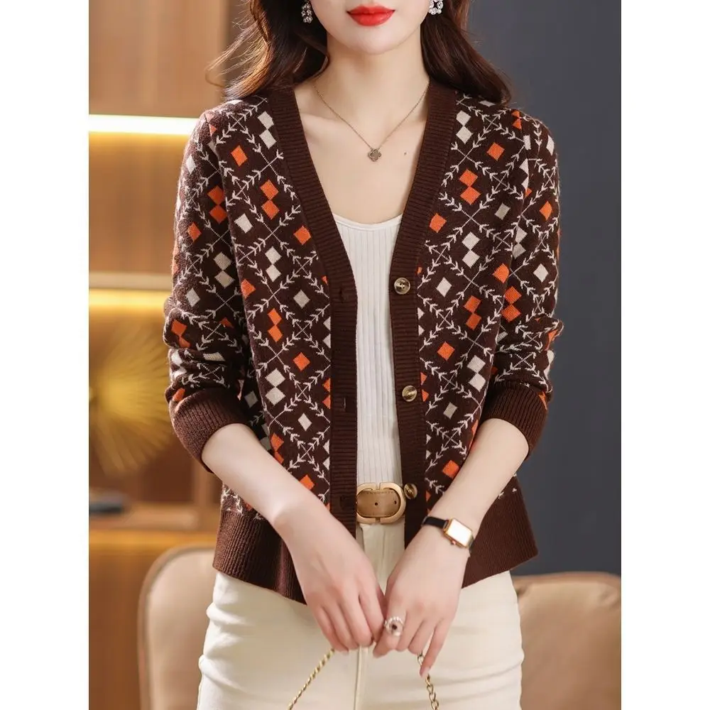 Spring Autumn Fashion Printing Plaid Knitting Cardigan Sweater Ladies All-match Buttons V-neck Sleeveless Coat Women's Clothing