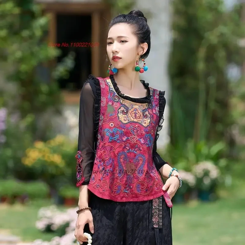 

2024 national vintage gilet flower embroidery satin jacquard vest chinese tang suit oriental ethnic sleeveless waistcoat vest