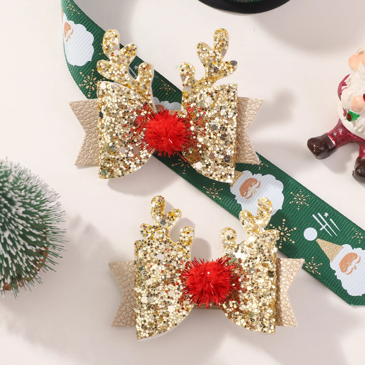 2Pcs/set Glittle Red Gold Color Bows Hair Clip for Girls Christmas Deer Lucky Hairpin Ponytail Sparkly Headwear Hair Accessories