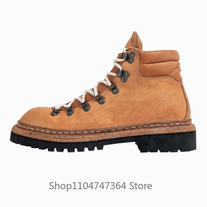 Italian Style High End Washed Horsehide High Top Shoes Men's Genuine Leather Thick Sole Casual Premium Cowhide Western Boots