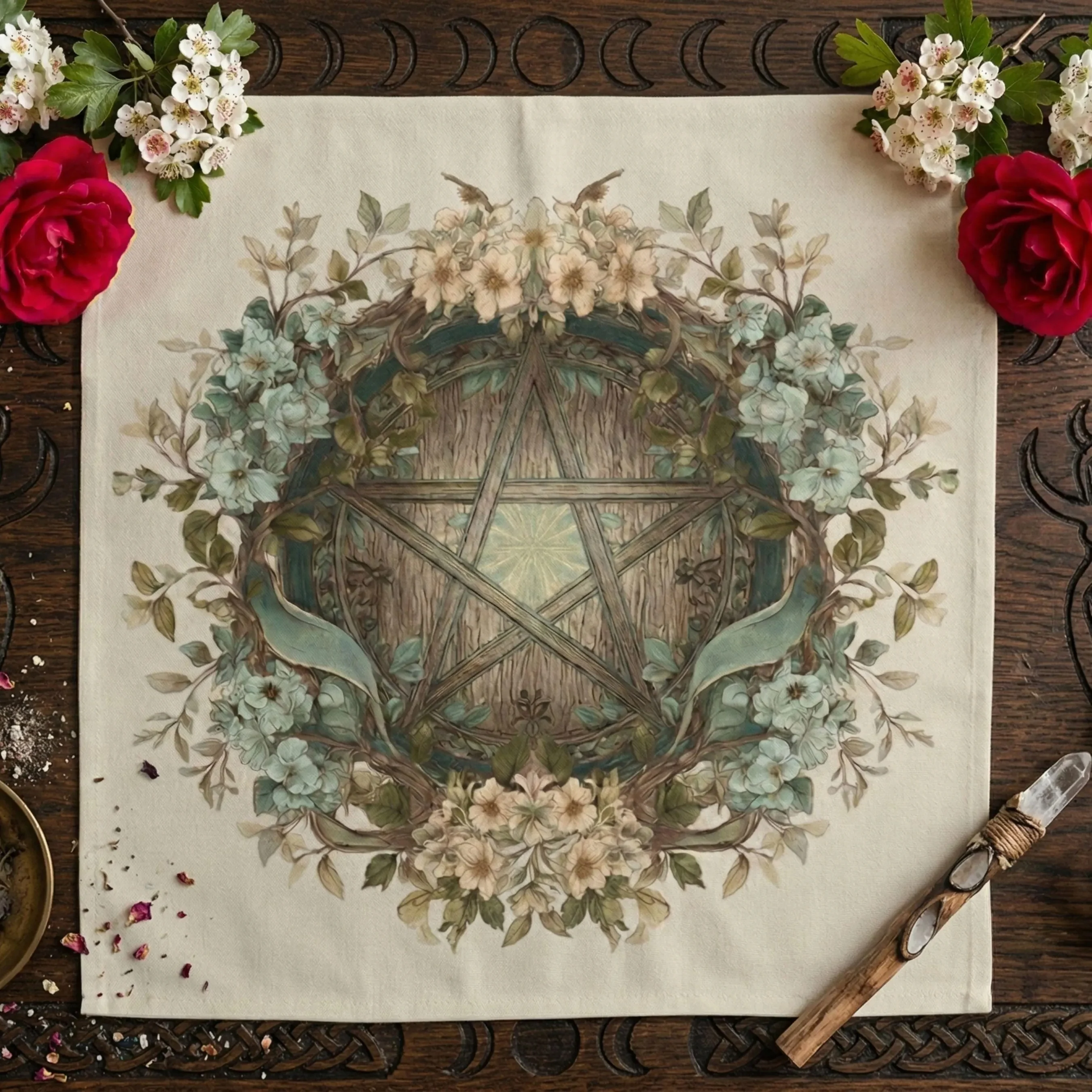 VIKAMA Gentle Flower Pentagram Tablecloth Forest Fresh Witch Altar Cloth Tarot Divination Table Cloth Tarot Card Tablecloth