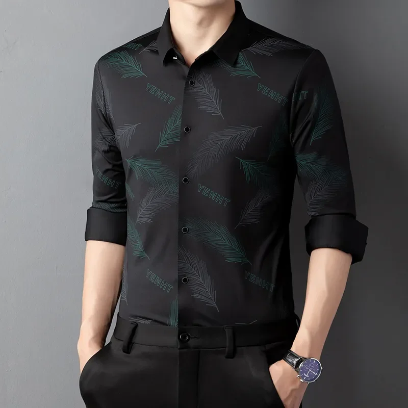 

Мужская черная рубашка с принтом перьев, длинный рукав, эластичная, формальная, повседневная, на пуговицах