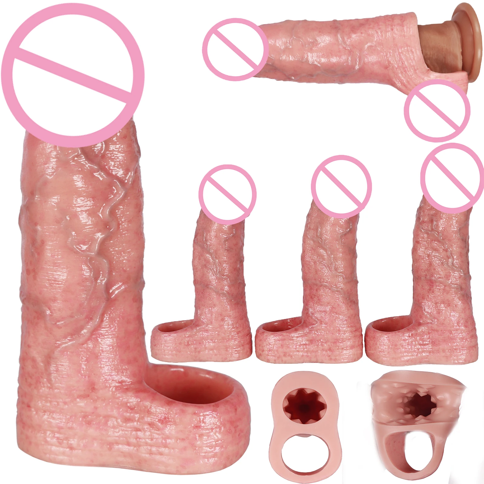 Realistic Penis Sleeve Soft Silicone Dildo Cover Adult Mens Sex Toy Penis Extender Enlargement Ejaculation Delay Time Cock Cover