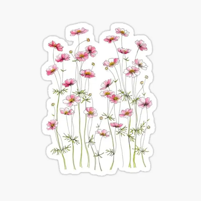 Pink Cosmos Flowers Sticker for Laptop Decor Bedroom Car Cute Cartoon Art Fashionable Public Suitcase