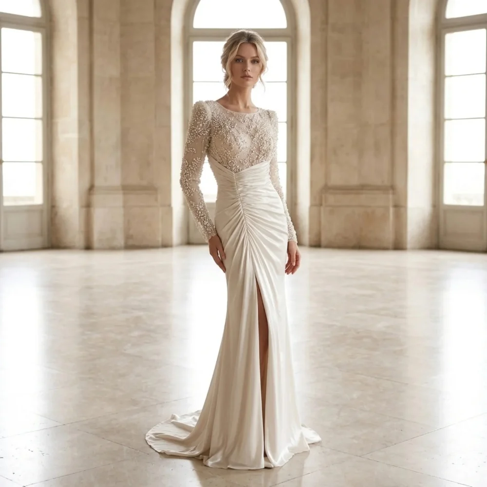 

Изысканное вечернее платье-труба с длинными рукавами и плиссировкой, украшенное блестками, для свадебных торжеств и выпускных вечеров, высокого качества, на заказ