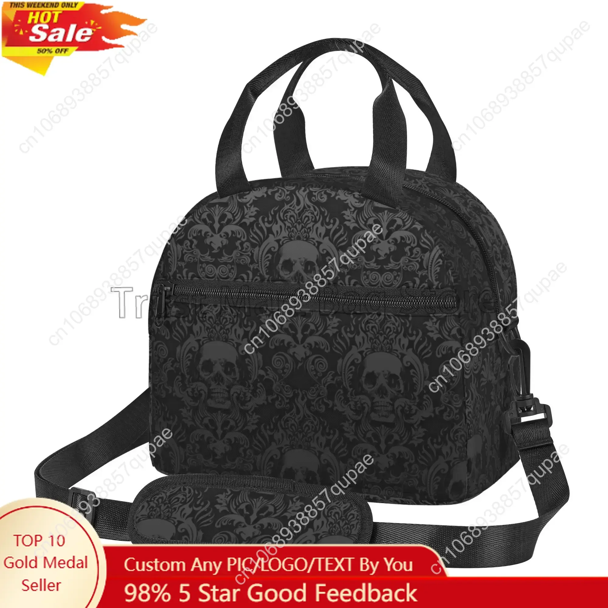 

Gothic Black Skull Damask Insulated Lunch Bag Unisex Lunch Box with Detachable Shoulder Strap Reusable Thermal Cooler Tote Bag