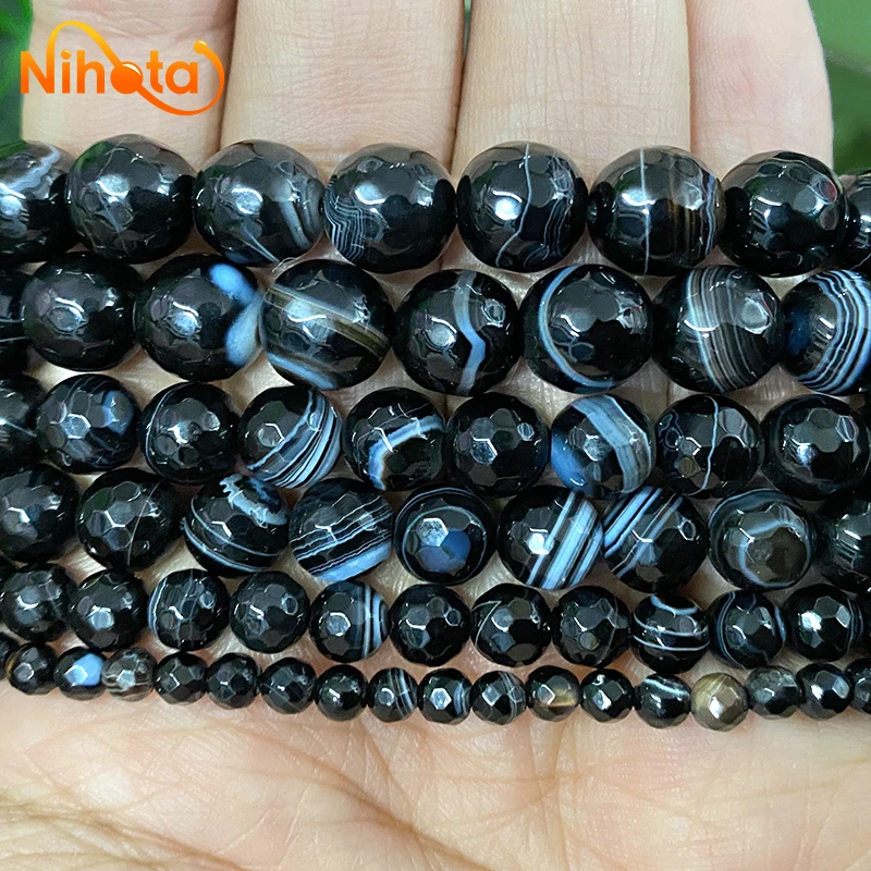 Natural Faceted Striped Black Agates Beads For Jewelry Making Onyx Round Loose Beads DIY Bracelet Earrings 15\'\' 4/6/8/10/12mm