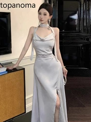 Topanoma Temperament Evening Dresses Women Wedding Party Sleeveless Slim Split Satin Backless Elegant Sexy Cocktail Dress Ladies