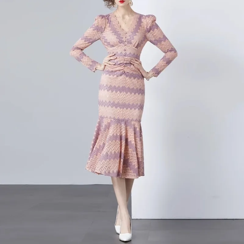 

Neploe Sexy Dress Long-sleeved Spring Dress Light Pleated Slim V-neck Hip-wrapped Fishtail Skirt