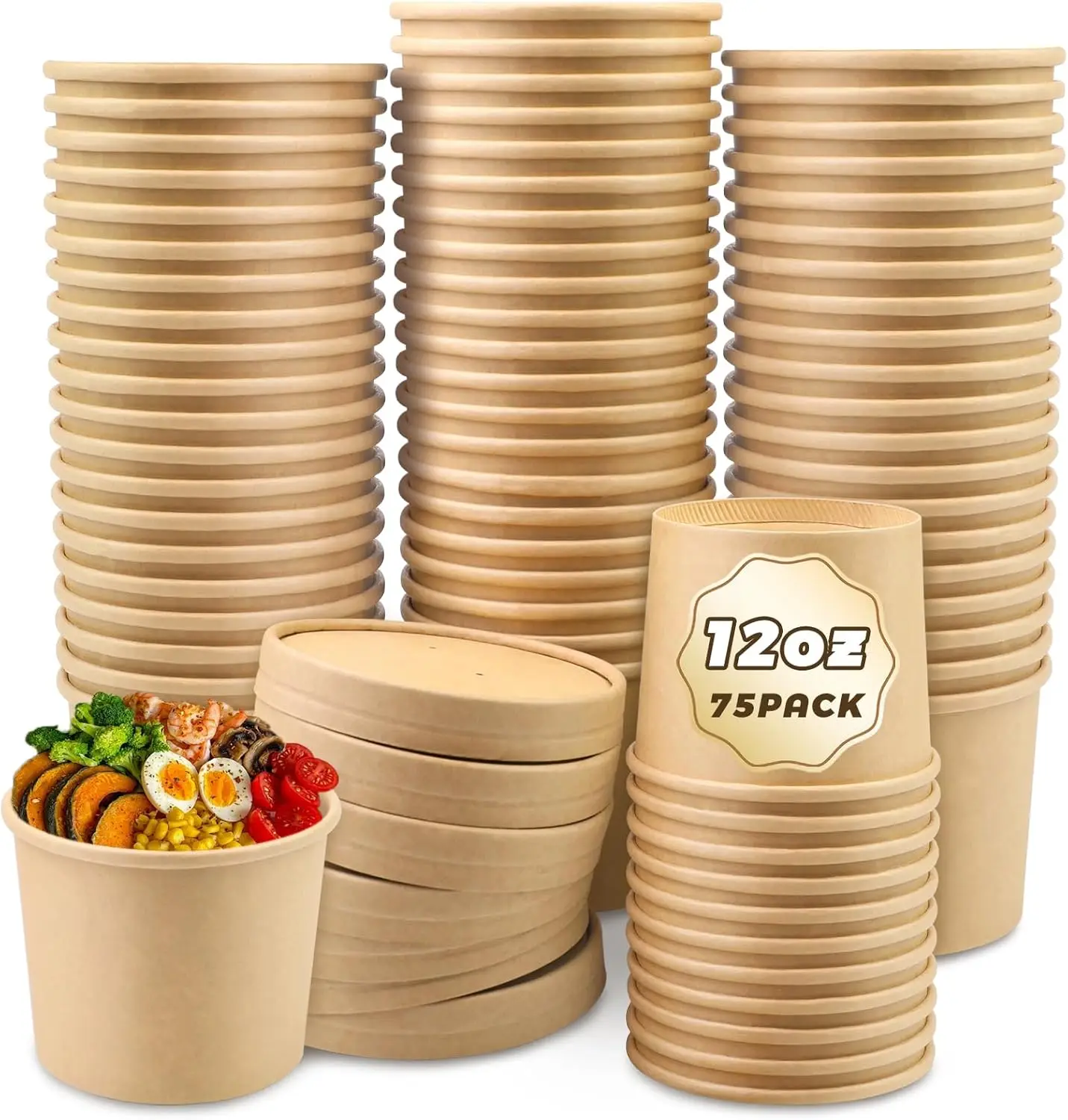 

75​ Pack 12 oz Paper Food Containers with Vented Lids, Disposable Soup Cups, Paper Ice Cream Cups, Kraft Disposable Soup