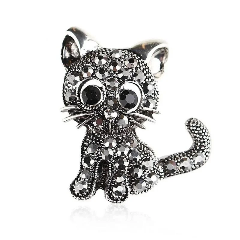 Little Cat Vintage Rhinestone Women Small Animal Party Casual Brooch Pins Gifts Clips Antique Silver Jewelry Accessories