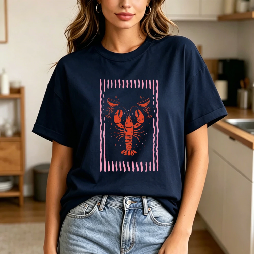Retro Coastal Lobster Wine Tee Women Casual Wear Trendy Summer Style Vacation Clothing Ummer Coastal Holiday Apparel Cotton Tops