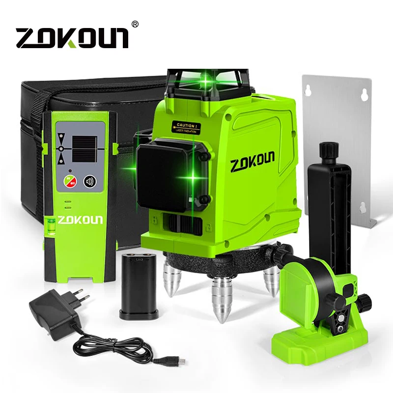 

ZOKOUN GF120 3D German Brand Module Green Line Laser Level 5200mah Battery Remote Control Horizontal & Vertical Measuring Tool