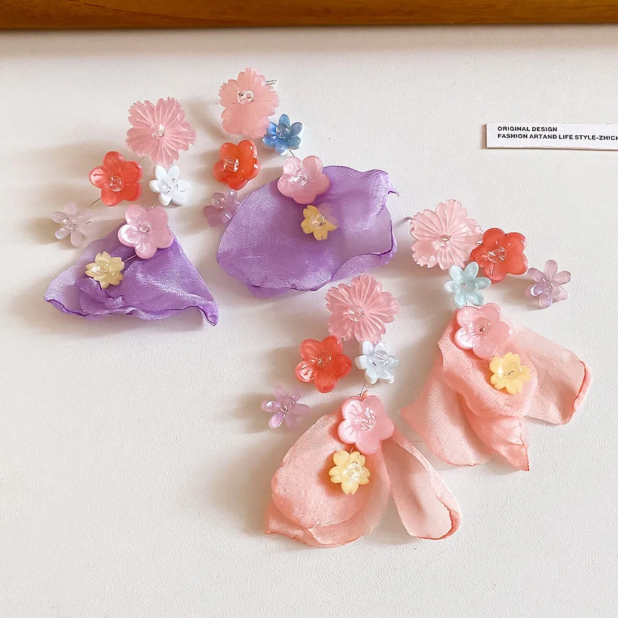 Sweet Cute Pink Yarn Mesh Flowers Dangle Earrings for Women Girly Rein Flower Earrings Fairy Lolita Party Jewelry