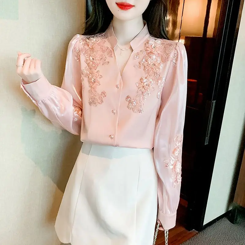 Women Embroidery Beaded Vintage Elegant Shirt Spring Autumn Fashion Chic Blouse Long Sleeve V Neck Loose Tops Solid Sweet Blusas