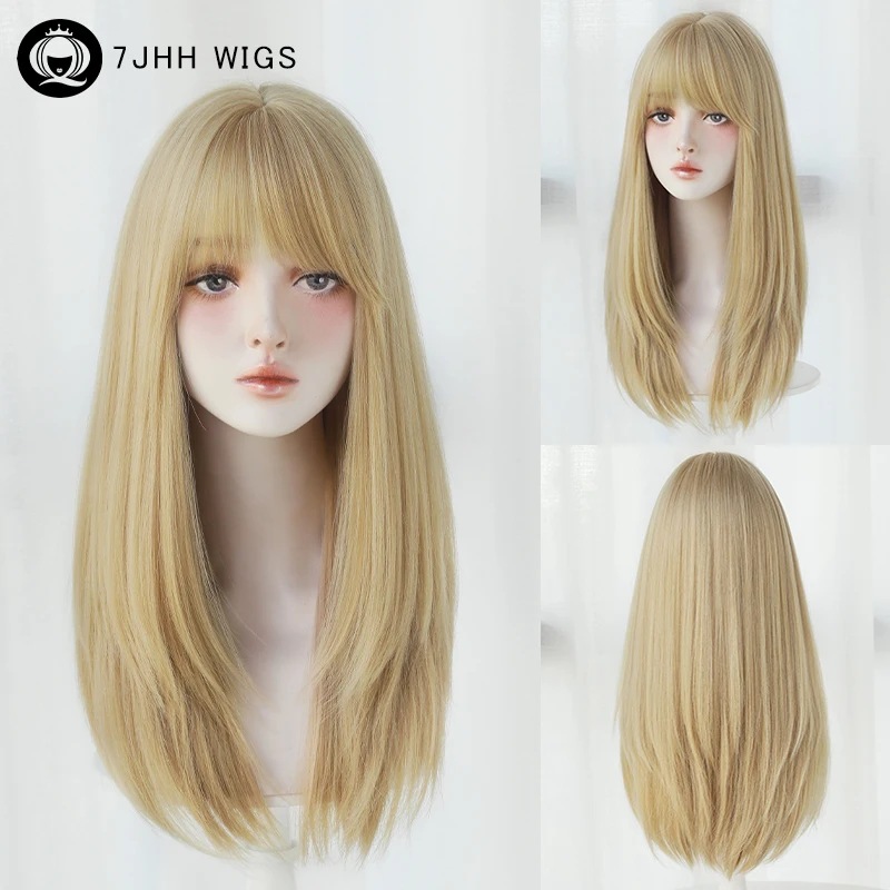 Proste, warstwowe blond peruki z schludną grzywką Syntetyczna peruka o wysokiej gęstości z naturalnych sztucznych włosów dla kobiet Codzienne peruki na imprezę Cosplay