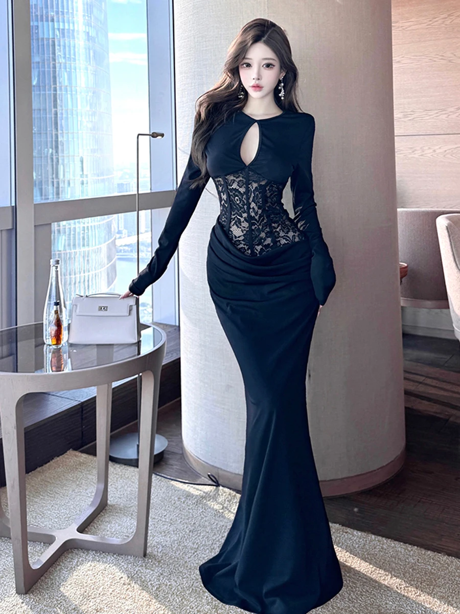 

Sexy Lace Splicing Long Sve Hollow out Gown Waist Cinched Fibone Splicing Bodycon Skirt for Date And Par H-Line