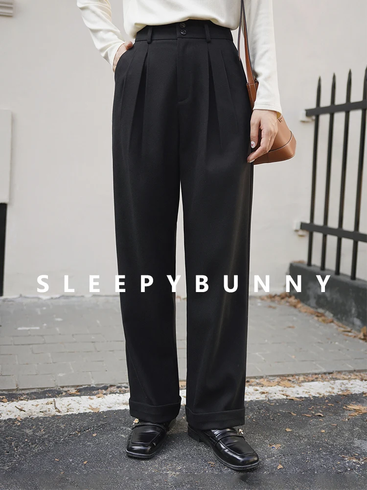 

Elegant Warm Thick High Waist Wool Pants Winter Loose Straight Trousers Casual Long Wide Leg Soft Windproof Thermal Office Women