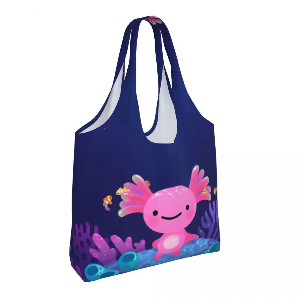 Cartoon Coral Axolotl Shopping Tote Bags Reusable Salamander Animal Canvas Groceries Shoulder Shopper Bag Photography Handbags