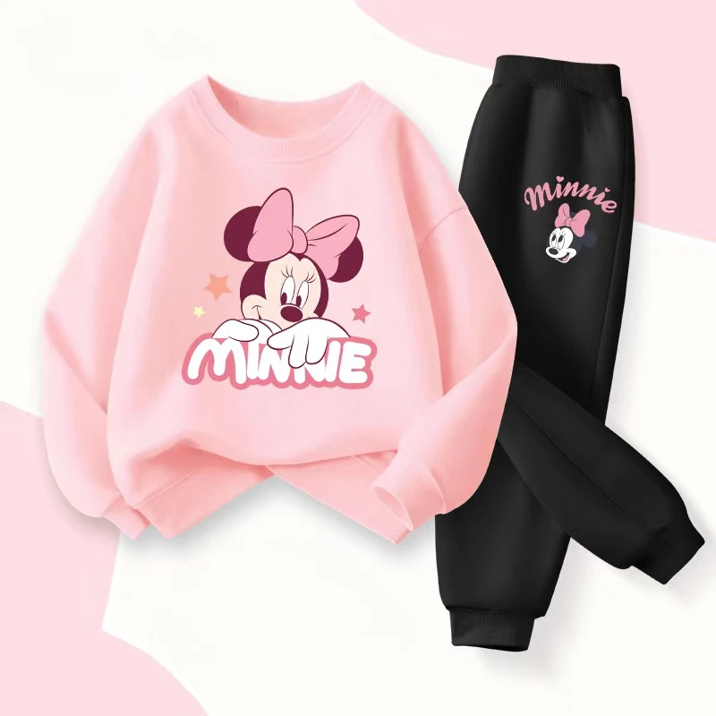 DISNEY Spring Autumn Children's Pullover Sets Minnie Print Girls Clothing Sets Breathable Thin Kids Sweatshirt Pant 2pcs Suit