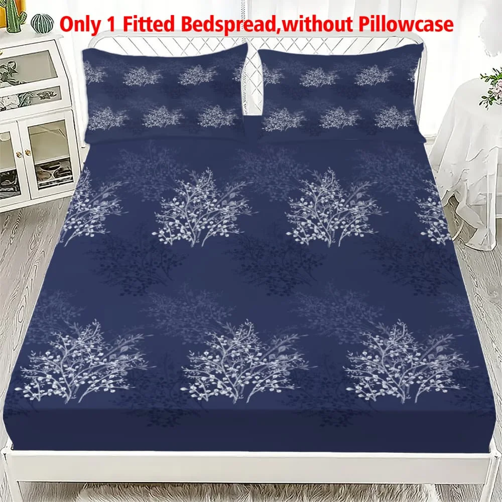 1 Stück Elegantes Marineblau & Silbernes Botanisches Muster Spannbettlaken mit Tiefen Taschen Elastischer Matratzenbezug Einzel Doppel Queen King Schlafzimmer Deko