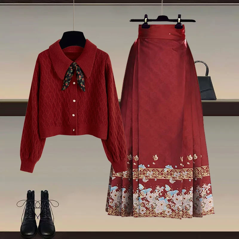 

Red Sweater And National Sle Tailed Skirt Two Piece Set Autumn Winter Women's New Year's Faion Hanfu Skirt Set